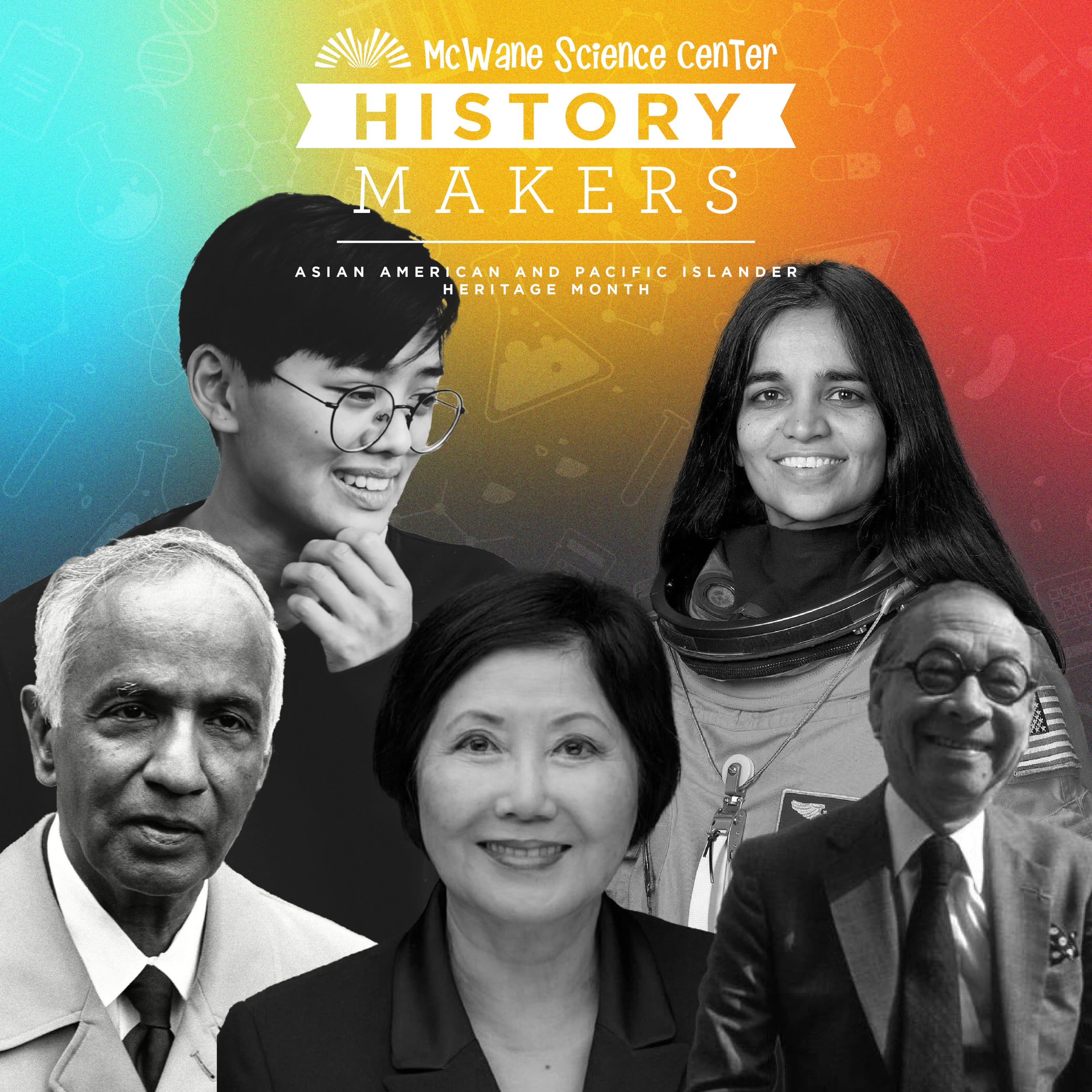 McWane Science Center History Makers poster with five people, one in an astronaut suit, celebrating AAPI Heritage Month.