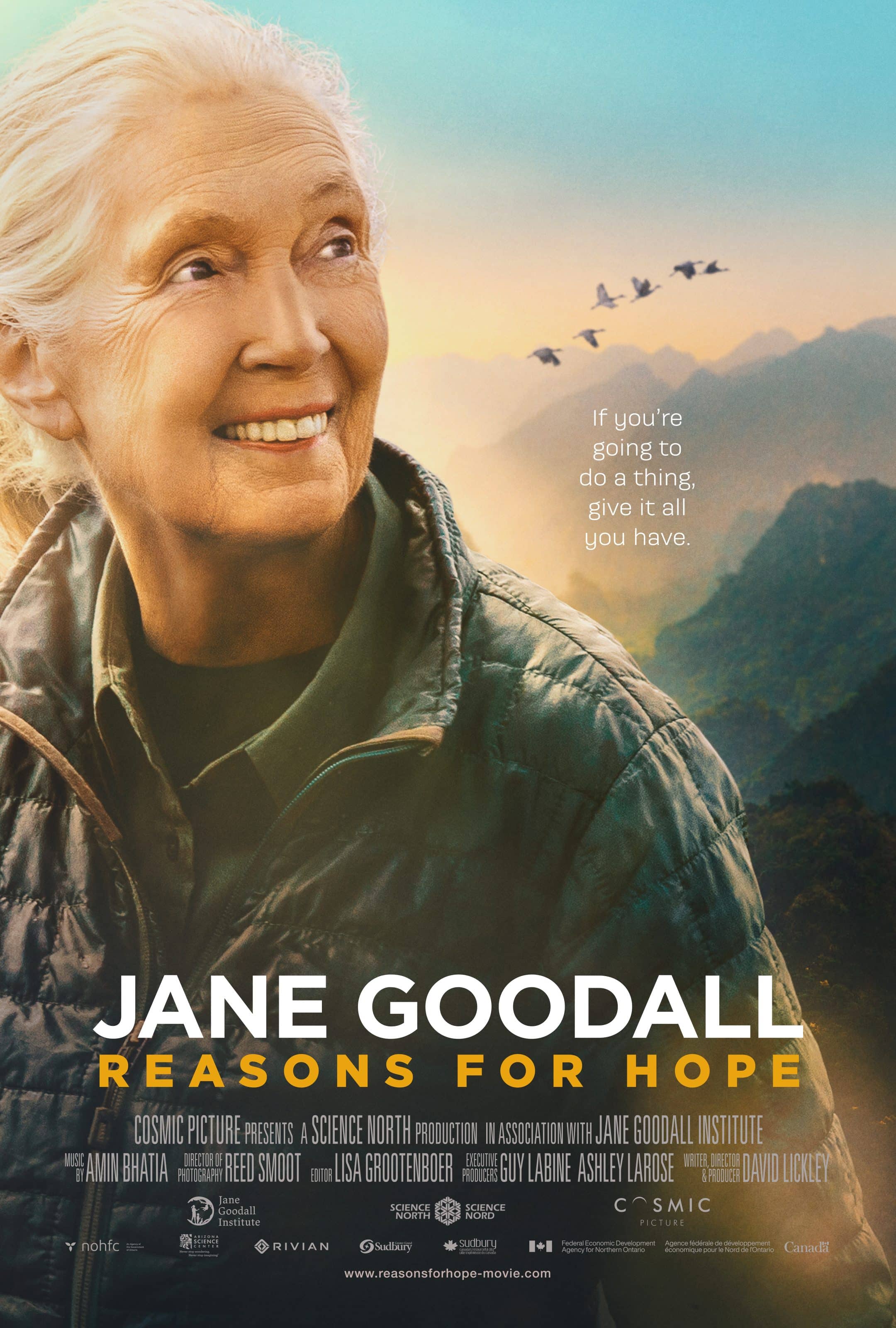 Children's science center nature film poster Reasons for Hope with an older woman, mountains and birds at sunrise.