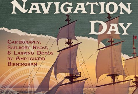 McWane Science Center Navigation Day poster with tall ships at sunset, July 18, 2026; cartography, sailboat races, LARP demos