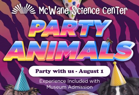 McWane Science Center Party Animals poster: sloth, owl, lizard, tortoise, dog in party hats. Party with us August 1.